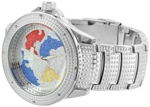 Genuine Diamond World Map Dial Multi Color Ice Time Joe Rodeo White Finish Watch