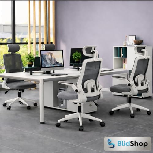 BlidShop Cadeira de Escritório Ergonômica, Suporte 120kg, Ajuste Lombar, Apoio de Cabeça, Tela Mesh Premium, Giratória, Home Office (Branca e Cinza)