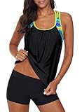 Malaven Women Swimwear Blouson Striped Printed Strappy T-Back Push up Tankini Top with Shorts Two Piece Swimsuit