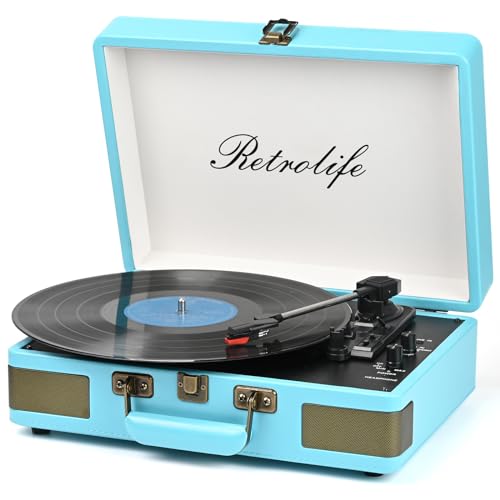 Retrolife Record Player 3 Speed Suitcase Design Bluetooth Playback, Blue