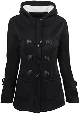 SPITEN Womens Pure Color Hooded Horn Button Overcoat, Solid Hoodie Jacket, Six Colors, Six Sizes [S-6XL], Plus Size Pea Coat