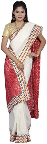 Fashionkiosks Women's Kerala Kasavu Lace With Net Brasso Pallu Saree With Blouse Free Size Cream