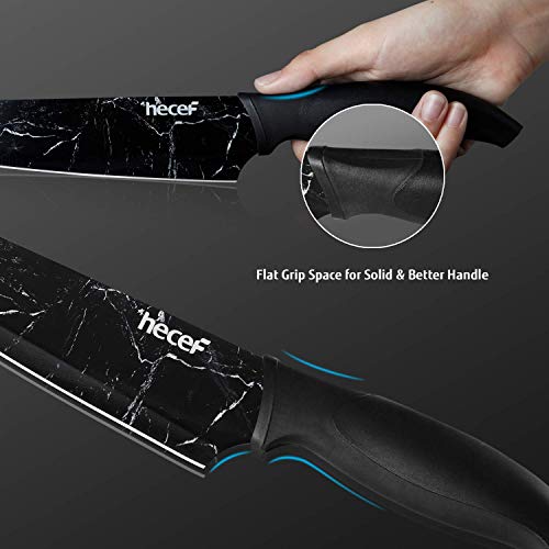 hecef Marble Pattern Kitchen Knife Set of 5, Stainless Steel Blade with Ergonomic Handle（PP+TPR Material）includes Santoku, Chef, Bread, Utility and Paring Knife