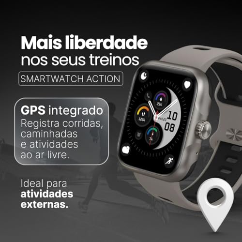 Smartwatch Action com GPS Integrado, Alexa, Tela AMOLED, Strava, Resistência 3ATM, Fitness e Notificações Inteligentes Pulseira Respirável(Prata)
