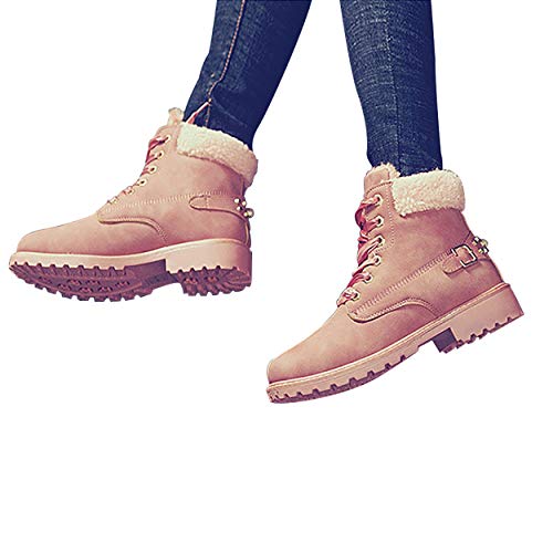 Susanny Women's Warm Snow Boots Ankle Lace up Short Combat Boot Slip on Winter Low Heel Fur Booties Pink - Thumbnail 6