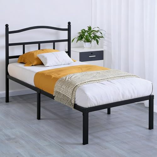 DAYONG Metal Bed Frame, 35.6 cm Tall Platform Bed Frames with Headboard, 600kg Weight Capacity, Single 201.9 x 95.5 cm, Steel Slat Platform, Under Bed Storage, Easy Assembly