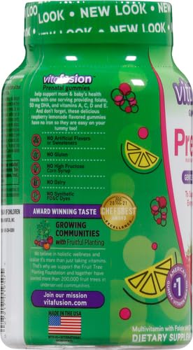 vitafusion PreNatal Gummy Vitamins, Raspberry Lemonade Flavor, Prenatal Vitamin Supplement for Women with Folate and DHA, 45 Day Supply, 90 Count