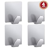 Towel Hooks, KONE 3M Self-adhesive Hook for Bathroom / Kitchen / Office / Home, Heavy Duty Wall Hooks Hanger fit Robe, Hat, Keys, Bags Waterproof Stainless Steel, 4 - Pieces