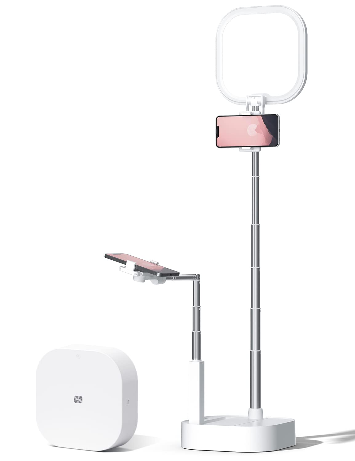 Viozon Extendable Selfie Stand, Height&Angle Adjustable, Overhead 360ยฐ Rotation with Two Phone Holders, Rechargeable Wireless Foldable 15 Brightness LED Light for Live Streaming/YouTube/Tiktok (V8)