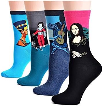 YOMIJN 4 Pairs Womens Famous Painting Art Printed Casual Cotton Crew Socks (Painting-D)