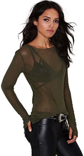 Blouse, RIUDA Sexy Long Sleeve Top T-Shirts Transparent Punk Club Streetwear Tees (L, Army Green)
