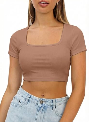 Haochic Crop Tops for Womens Square Neck Y2K Summer T-Shirt Sexy Short Sleeve Fitted Knit Ribbed Casual Blouse Cute Tee Shirt Khaki L at Amazon
