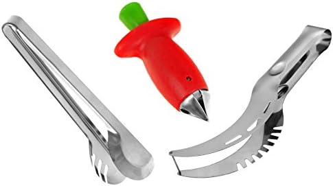 Watermelon Slicer corer + Stainless Steel Knife Peeler Cutter & Tongs Strawberry Huller 3pc Bundle