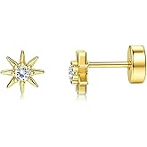 20g Cute CZ Sun Flat Screw Back Small Stud Earrings for Women Men Stainless Steel Silver/Gold Plated Minimalist Crystal Cartilage Tragus Piercings Sleeper Studs Hypoallergenic Fashion Jewelry for Daughter
