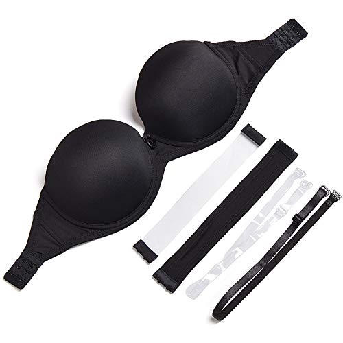Strapless Bra with Clear Back Invisible Strap Push Up Padded Underwire Backless Halter Bralette 32D, Black