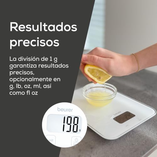 KS 19 Pure White balanza de cocina digital, capacidad de hasta 5 kg (división precisa de 1 g), balanza doméstica con sensor táctil, balanza para alimentos incl. pilas, diseño ultraplano, blanco