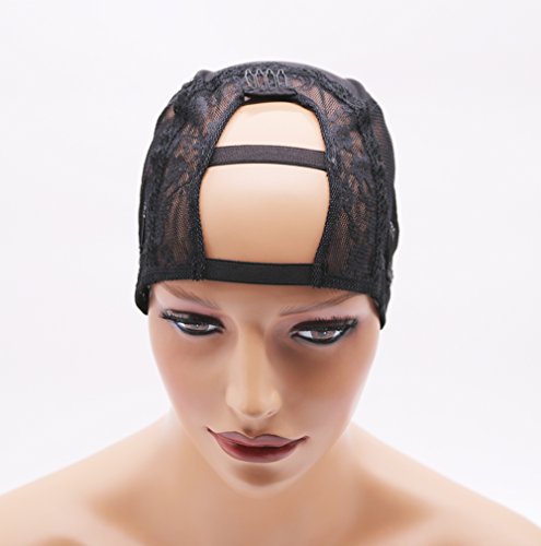 Fantasy Beauty Black Double Lace Wig Caps For Making Wigs Hair Net with Adjustable Straps and Combs U Part Caps (Medium, U part cap with 2x4" Middle opening)