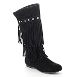 Refresh JOLIN-06 Women's Fringe Studded Flat Heel Zipper Under Knee High Boots
