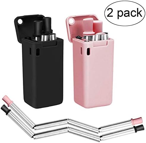 Senfhome 2-Pack Collapsible Straws, Stainless Steel Reusable Foldable Drinking Straws | Keychains and Portable Case Included | Upgraded Cleaning Brush (Black/Pink)