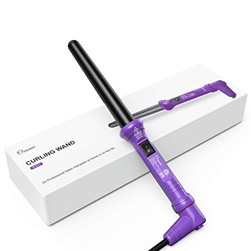 Ovonni Ionic Curling Wand, 3/4-1 Inch Dual Voltage Ceramic Tourmaline Curling Iron Wand, Professional Instant Heat Up Hair Wand for Loose Curls and Waves with Heat Protective Glove (Purple)