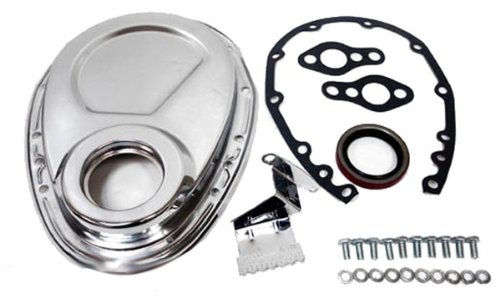 Photo 1 of 1955-95 Compatible/Replacement for Chevy Small Block 283-305-327-350-400 Steel Timing Chain Cover Set w/Timing Tab - Chrome