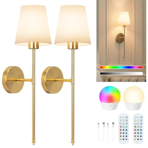 2 PCS lámparas de pared recargables, bombillas regulables desmontables y control remoto, 15 colores Aplique de pared inalámbricas para dormitorio Salón Pasillo (oro)