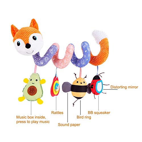 ORZIZRO Car Seat Toys, Baby Plush Spiral Hanging Toys for Stroller Crib Bar Bassinet Car Seat Mobile with Music Box BB Squeaker Rattles- Orange Fox