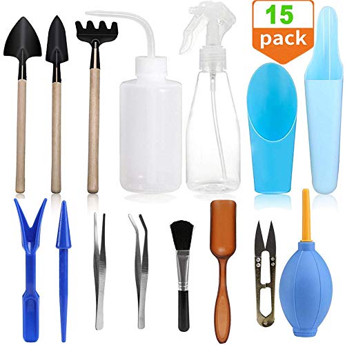 Wesdxc 15 Pieces Succulent Plants Tools, Mini Garden Hand Tools Transplanting Tools Miniature Planting Gardening Tool Set for Indoor Miniature Fairy Garden Plant Care