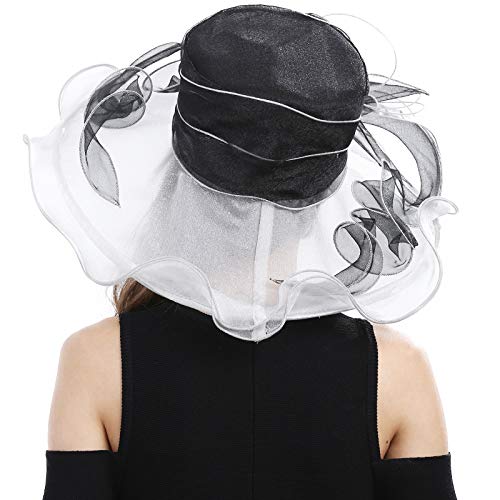 Women's Fascinators Wide Brim Sun Hat for Kentucky Derby, Church, Wedding, Tea Party, Royal Ascot, Easter (Black/White)
