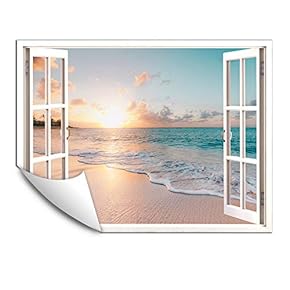 Wall Murals for Bedroom Fake Window Beach White Window Removable Wallpaper Peel and Stick Wall Stickers - 24x32 inches