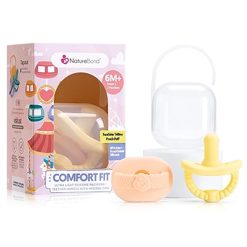 NatureBond Baby Pacifier Soother Silicone Binky Newborn Teether Pacifiers 2 in 1, Curved for Comfort | Hygiene Cover (Above 6 Months, Sunshine Yellow and Peach Puff)