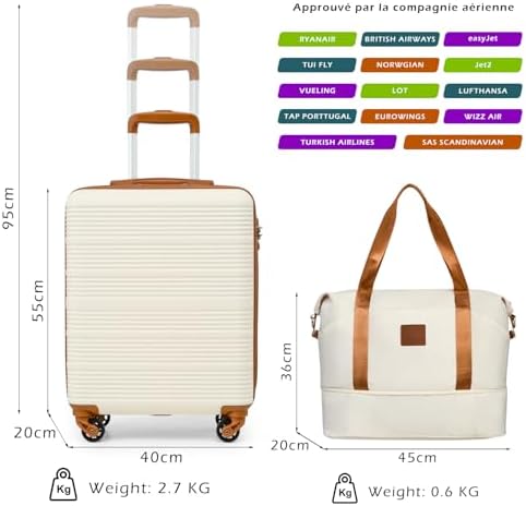 Valise Cabine 55x40x20 pour Easyjet, Sacs de Voyage 45x36x20cm pour Courts Séjours et Voyages d'affaires, Coque Rigide en ABS avec Serrure TSA, 4 Roues Pivotantes à 360° (Blanc/Marron)
