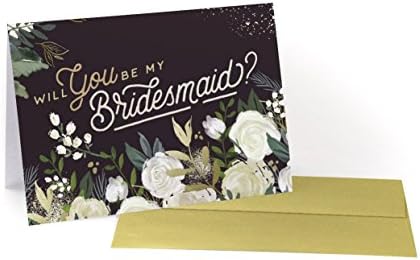 Will You be My Bridesmaid? 6-Pack Cards, Gold Accents, Maid of Honor, Floral, Peonies, Succulents (Washed Plum)