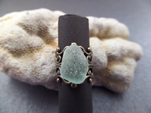 Adjustable Scottish Sea Glass Ring in Aqua with Filigree Gold Band