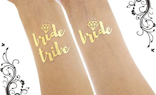 YoungZee Bachelorette Bride and Bride Tribe Temporary Tattoos - Metallic Shiny Gold Flash Tattoos - Bachelorette Party Supplies and Accessories Favors (12 PACK)