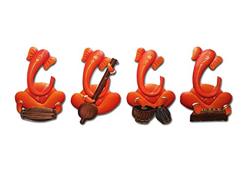 GANESHA MUSICIAN (ORANGE) SET 4 Ethnic Indian Wrought Iron Wall hangings