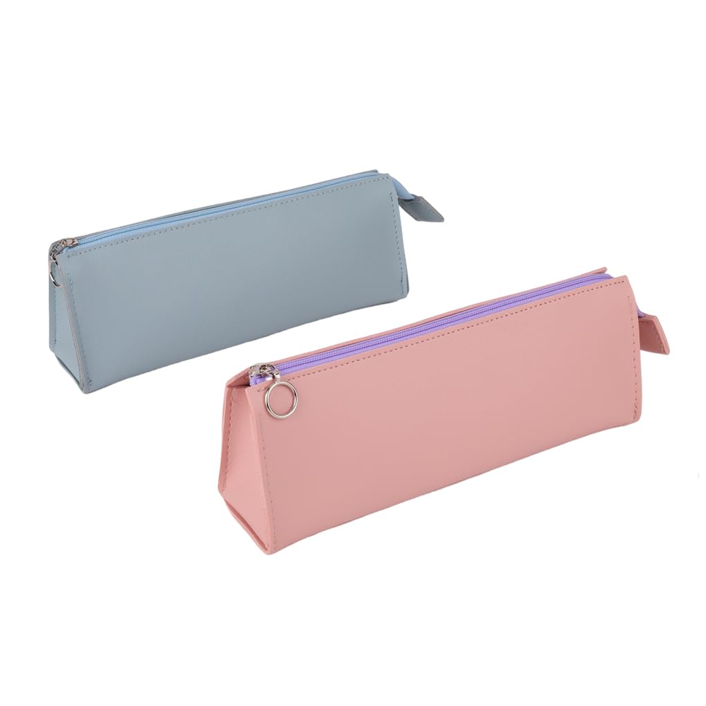 Oyachic 2Pcs Leather Pencil Case Big Capacity Pen Storage Pouch Bag Makeup Holder Box Organizer with Zipper for Work Office (Blue+Pink)