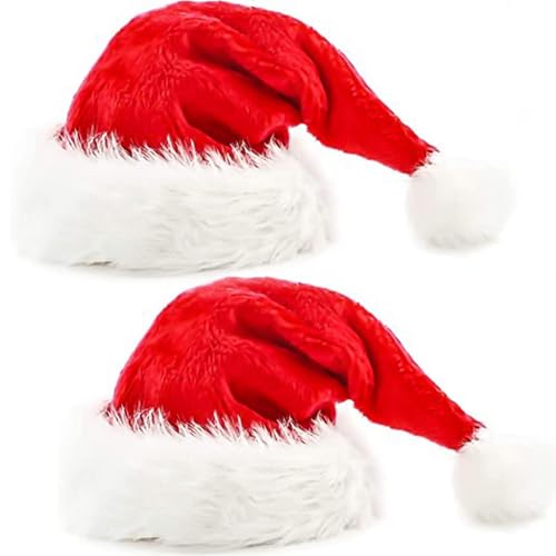 Photo 1 of 2pcs Fluffy Red Santa Hats Set with Plush Brim and Liner for Adults Men Women - Christmas, New Year Party Supplies & Gifts