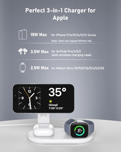 3 in 1 Wireless Charging Station for Apple,Foldable Fast Magnetic Travel Wireless Charger Dock for MagSafe Charger Stand for iPhone 17/16/15/14/13,for Apple Watch,for AirPods