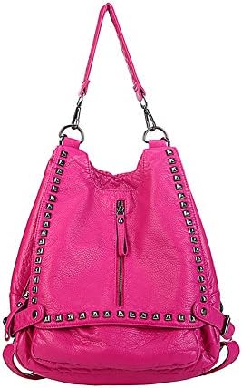 Punk Style Women Washed Backpack Shoulder Bag with Rivet Rose Red