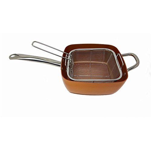 Copper Ceramic Square Non-Stick Ceramic Pan 5 Piece Set for Frying, Baking, Broiling, Steaming & Braising with Fry Basket Steamer & Tempered Glass Lid - Thumbnail 2
