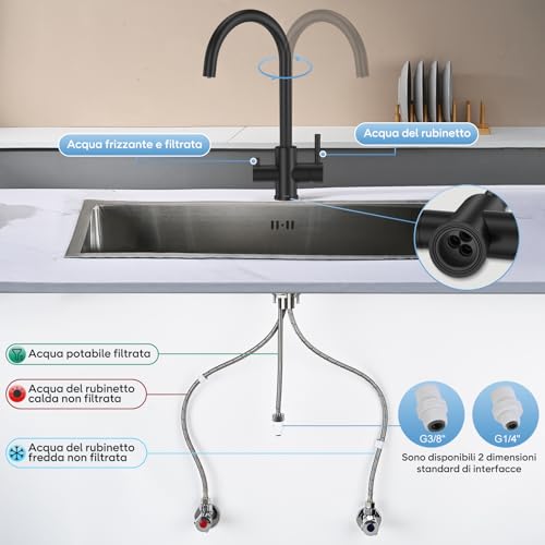 DETBOM 3 Way Kitchen Sink Tap for Osmosis Systems, 3 in 1 Double Lever Drinking Water, Hot and Cold, 360° Swivel, Stainless Steel, Matt Black