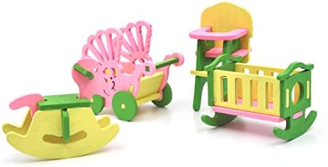 Wooden Dollhouse Toy Furniture Set,Mini Doll House Additional Accessory for Family Living Scenario Pretend Play, Living Room/Kitchen/Bathroom/Nursery/Dinning Room/Bedroom (Baby set 582)