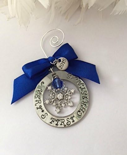 An adorable Sapphire Blue Baby Boy Baby Girl Baby's 1st Christmas 2017 Holiday Personalized Hand Stamped Snowflake Tree Ornament