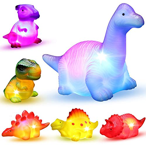 6 Packs Light-Up Dinosaur Bath Toys, Floating Rubber Auto Flashing Color Tub Toys for Baby Toddler Nephew in Birthday Christmas Easter