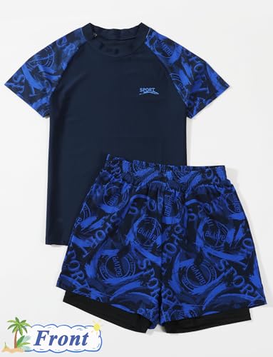 SEAUR Boys Two Piece Swimsuit Short Sleeve Swimming Costume with Swim Trunks Outfit Set Big Kids Swimwear Beach Surfing Bathing Suit 9-15 Years