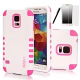 S5 Case, SGM 3-Piece High Impact Hybrid Defender Case For Samsung Galaxy S5 With Screen Protector + Stylus (White + Pink)