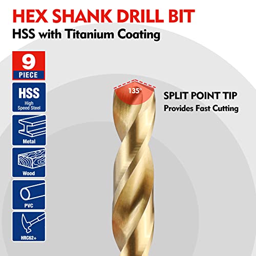 WORKPRO 9-Piece Hex Shank Drill Bit Set, Titanium Coated HSS Drill Bits from 1/16\