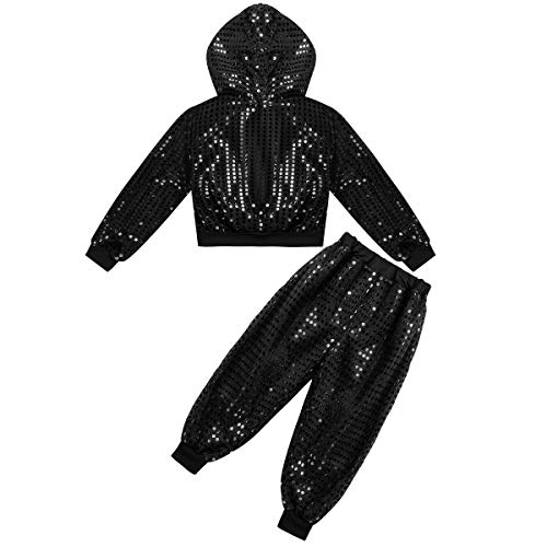 inhzoy Kids Boy's Girl's Sequins Long Sleeve Hooded Tops with Pants Set for Hip-hop Jazz Performance Costume Street Dance Black 10-12
