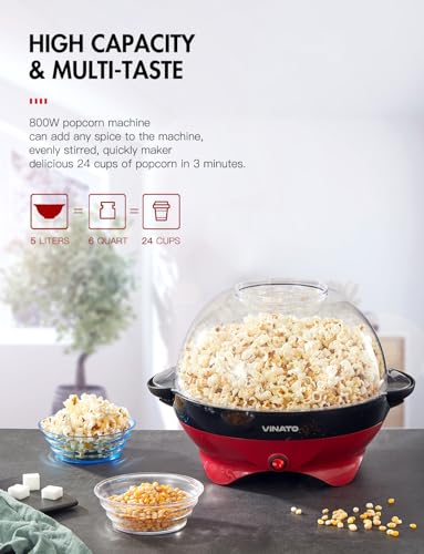 VINATO Popcorn Machine, 5L Large Popcorn Maker for Home, with Non-Stick Coating and Removable Heating Surface, Quiet and Fast Popcorn Machine